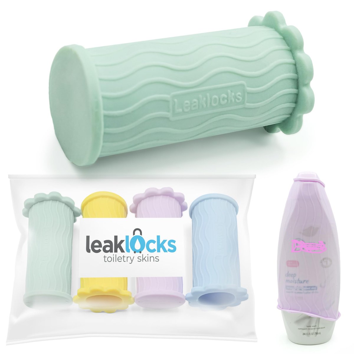 LeakLocks® Toiletry Skins™ Elastische Hülle für auslaufsichere Reisebehälter im Gepäck – Wiederverwendbares Zubehör für Reisetasche, Koffer und Handgepäck (4er-Pack Pastellparadies)