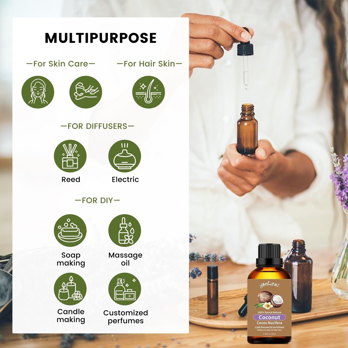 yethious Kokosöl für die Haut 100 ml – Kokosnuss Duftöl für Diffuser, Kerzenherstellung, Seife, Duftöl für Auto, Duftkerzen, Aromatherapie & Haarpflege 3,38 Fl Oz