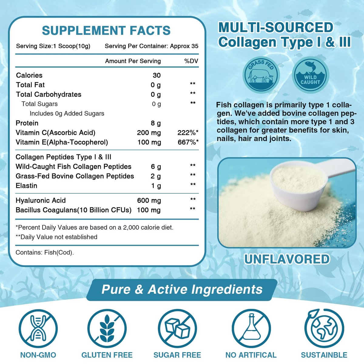 NATURE TARGET Marine Collagen Peptides Pulver – Typ I & III Kollagen mit Probiotika, Vitamin C & Hyaluronsäure für Haut, Haare, Nägel, aus Wildfang-Fisch & Weide-Rind, 35 Portionen