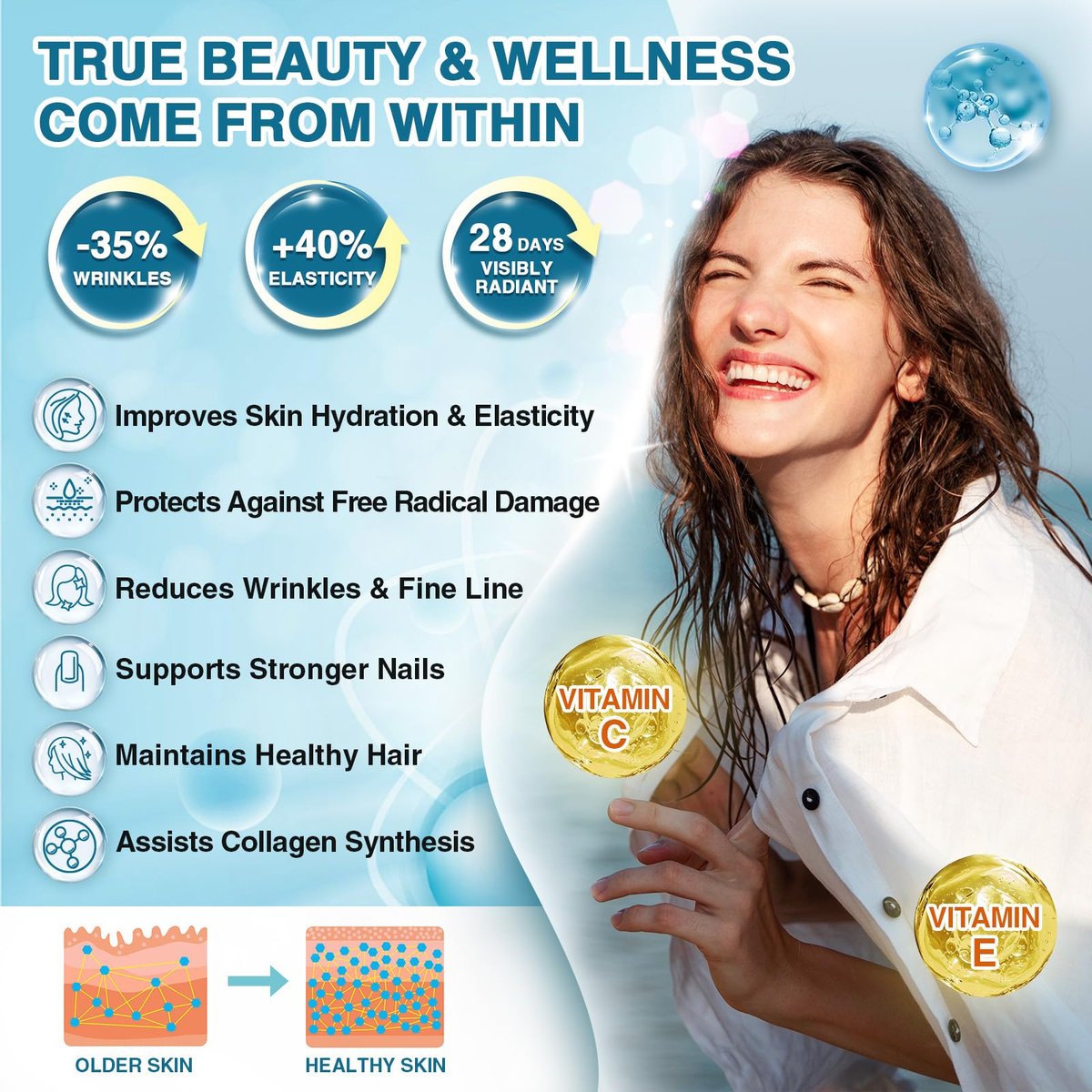 NATURE TARGET Marine Collagen Peptides Pulver – Typ I & III Kollagen mit Probiotika, Vitamin C & Hyaluronsäure für Haut, Haare, Nägel, aus Wildfang-Fisch & Weide-Rind, 35 Portionen