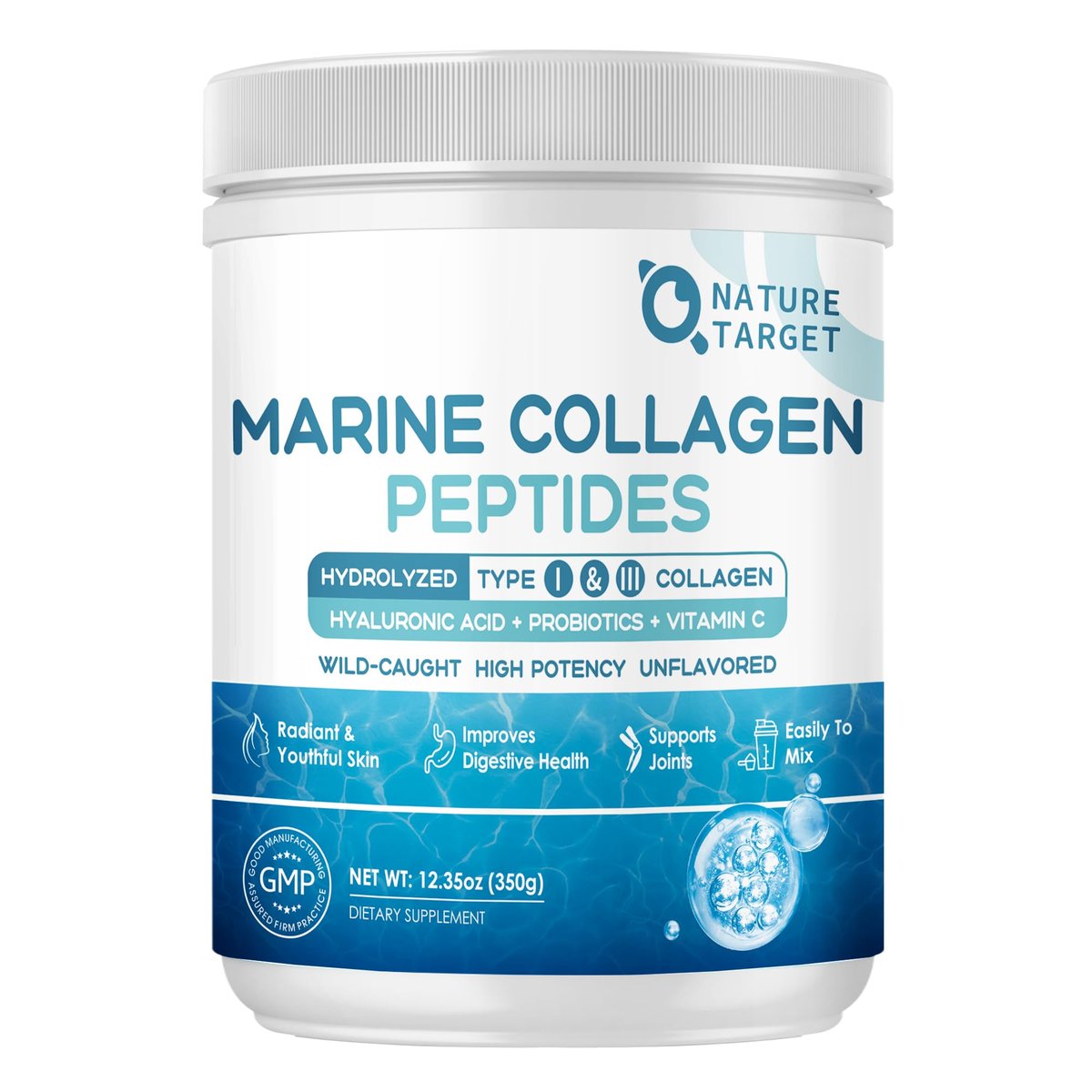 NATURE TARGET Marine Collagen Peptides Pulver – Typ I & III Kollagen mit Probiotika, Vitamin C & Hyaluronsäure für Haut, Haare, Nägel, aus Wildfang-Fisch & Weide-Rind, 35 Portionen