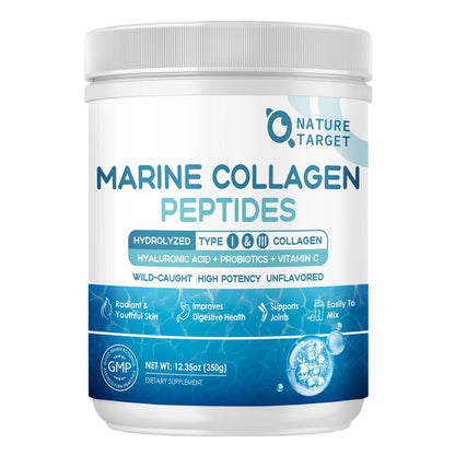 NATURE TARGET Marine Collagen Peptides Pulver – Typ I & III Kollagen mit Probiotika, Vitamin C & Hyaluronsäure für Haut, Haare, Nägel, aus Wildfang-Fisch & Weide-Rind, 35 Portionen