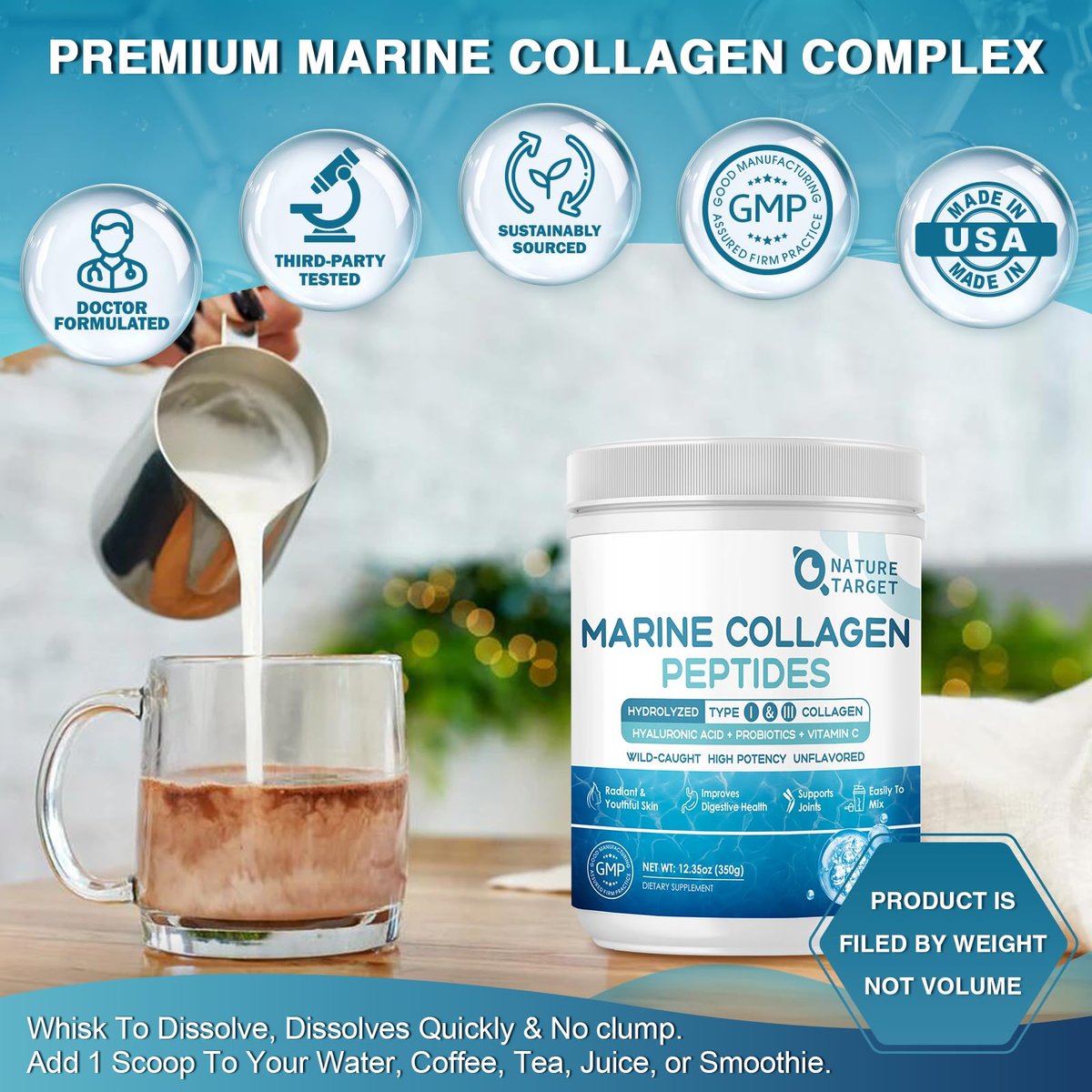 NATURE TARGET Marine Collagen Peptides Pulver – Typ I & III Kollagen mit Probiotika, Vitamin C & Hyaluronsäure für Haut, Haare, Nägel, aus Wildfang-Fisch & Weide-Rind, 35 Portionen