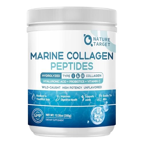 NATURE TARGET Marine Collagen Peptides Pulver – Typ I & III Kollagen mit Probiotika, Vitamin C & Hyaluronsäure für Haut, Haare, Nägel, aus Wildfang-Fisch & Weide-Rind, 35 Portionen