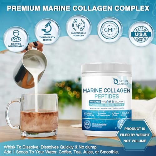 NATURE TARGET Marine Collagen Peptides Pulver – Typ I & III Kollagen mit Probiotika, Vitamin C & Hyaluronsäure für Haut, Haare, Nägel, aus Wildfang-Fisch & Weide-Rind, 35 Portionen