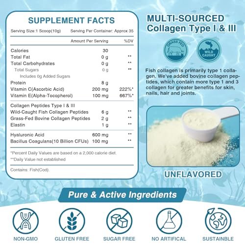 NATURE TARGET Marine Collagen Peptides Pulver – Typ I & III Kollagen mit Probiotika, Vitamin C & Hyaluronsäure für Haut, Haare, Nägel, aus Wildfang-Fisch & Weide-Rind, 35 Portionen