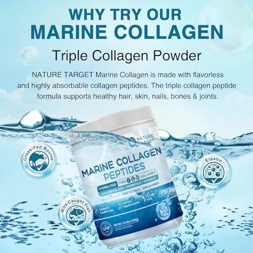 NATURE TARGET Marine Collagen Peptides Pulver – Typ I & III Kollagen mit Probiotika, Vitamin C & Hyaluronsäure für Haut, Haare, Nägel, aus Wildfang-Fisch & Weide-Rind, 35 Portionen
