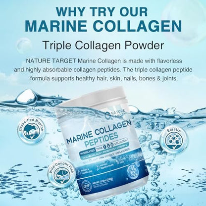 NATURE TARGET Marine Collagen Peptides Pulver – Typ I & III Kollagen mit Probiotika, Vitamin C & Hyaluronsäure für Haut, Haare, Nägel, aus Wildfang-Fisch & Weide-Rind, 35 Portionen
