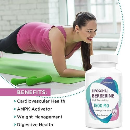 KoNefancy Berberin HCL Kapseln 1500mg – Liposomale Berberin Kapseln mit hoher Bioverfügbarkeit, GLP-1 Unterstützung und AMPK-Aktivator, Laborgeprüft, Nicht-GVO, Zuckerfrei, 60 Weichkapseln