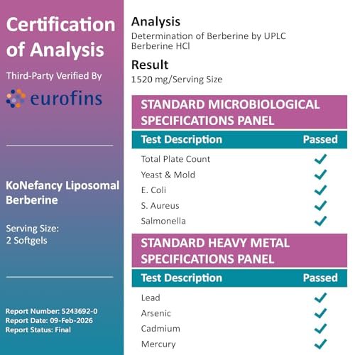 KoNefancy Berberin HCL Kapseln 1500mg – Liposomale Berberin Kapseln mit hoher Bioverfügbarkeit, GLP-1 Unterstützung und AMPK-Aktivator, Laborgeprüft, Nicht-GVO, Zuckerfrei, 60 Weichkapseln