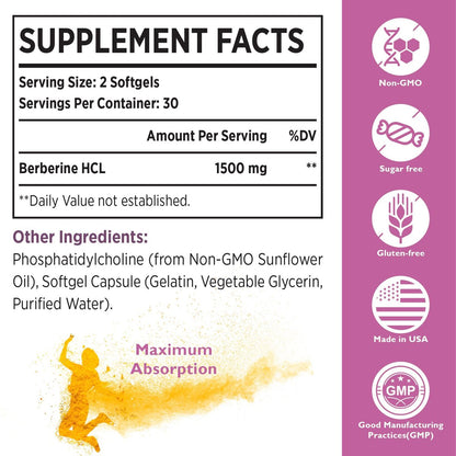 KoNefancy Berberin HCL Kapseln 1500mg – Liposomale Berberin Kapseln mit hoher Bioverfügbarkeit, GLP-1 Unterstützung und AMPK-Aktivator, Laborgeprüft, Nicht-GVO, Zuckerfrei, 60 Weichkapseln