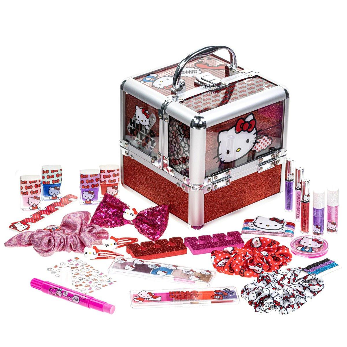 Hello Kitty Train Case Kosmetik-Set – Lippen Gloss, Lidschatten, Nagellack & Haaraccessoires für Kinder ab 6 Jahren