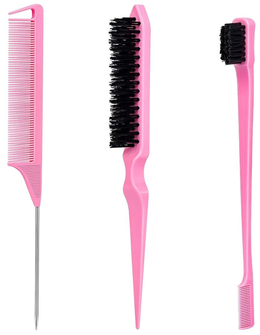 Slick Back Haarbürste, Edge Brush, Haaraccessoires Kamm Set 3-teilig, Rattenschwanzkamm zum Scheiteln, Teasing Kamm für mehr Volumen, Edge Brush für Edge Control schwarzes Haar
