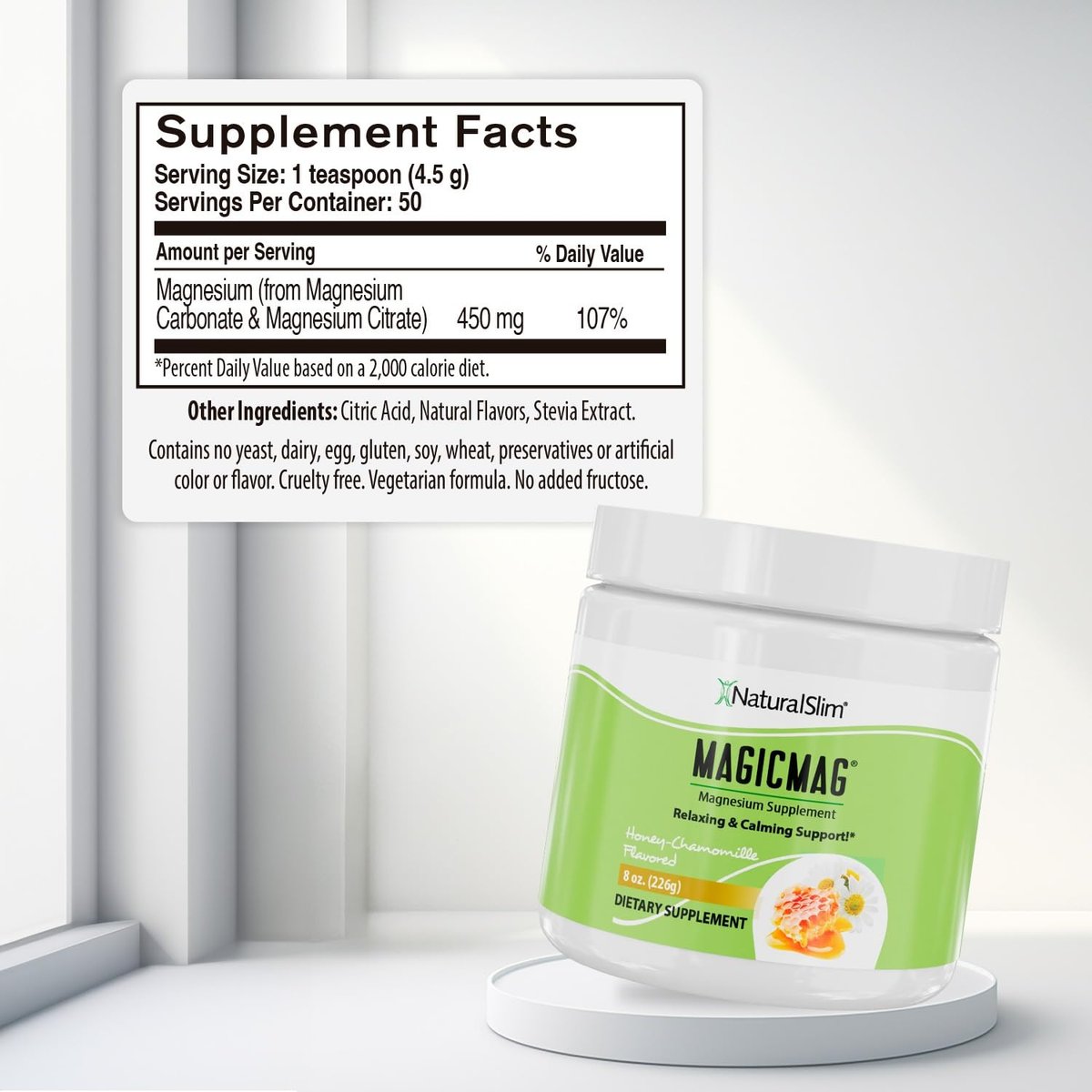NaturalSlim MagicMag Magnesiumcitrat-Pulver für Stress, Verstopfung, Muskel- und Herzgesundheit, bessere Erholung und Verdauungsunterstützung – Magnesiumergänzung für Frauen und Männer, 227 g – Honig-Kamille