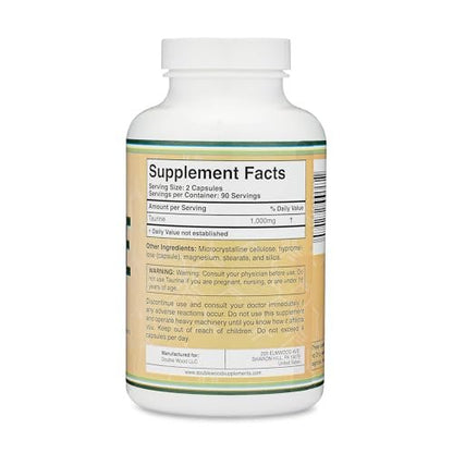 Taurin 1000 mg pro Portion, 180 Kapseln – Aminosäure für ein längeres, gesünderes Leben – Vegan, glutenfrei, nicht-GVO