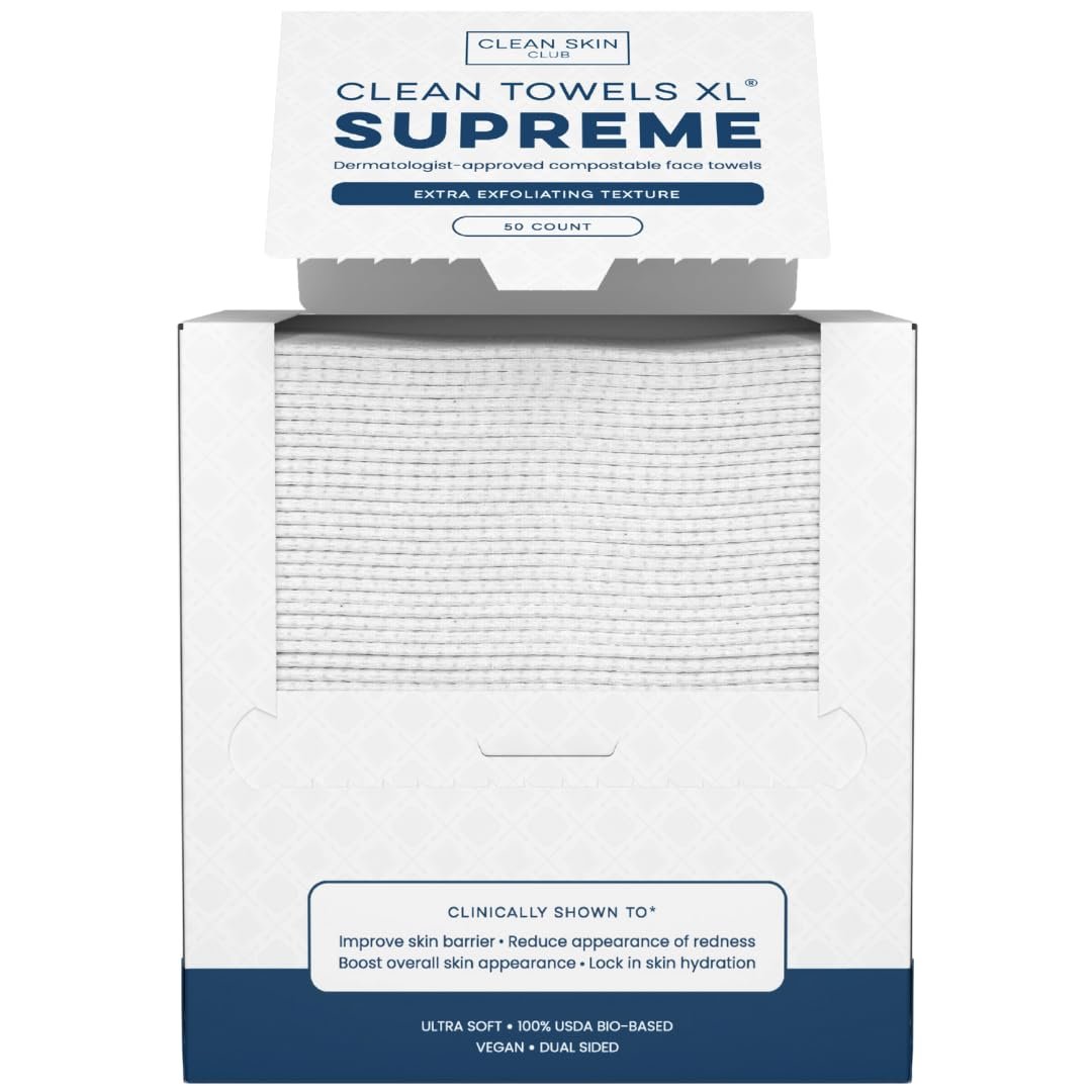 Clean Skin Club Clean Towels XL® Supreme – 100 % USDA Biobased Gesichtstuch, Einweg-Tücher, Ekzem-Gesellschaft akzeptiert, Dicker strukturierter Trockenreiniger, Ultra-saugfähig & weich, 1 Packung, 50 Stück