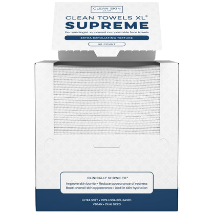 Clean Skin Club Clean Towels XL® Supreme – 100 % USDA Biobased Gesichtstuch, Einweg-Tücher, Ekzem-Gesellschaft akzeptiert, Dicker strukturierter Trockenreiniger, Ultra-saugfähig & weich, 1 Packung, 50 Stück