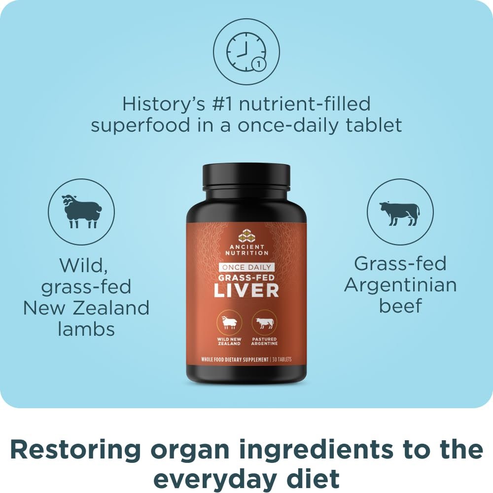 Ancient Nutrition Organ Supplements, Einmal täglich Weide- und Wildorgan-Komplex-Kapseln, Rinder- und Lammleber, Unterstützt gesundes Blut, Darm und Leber, 30 Stück