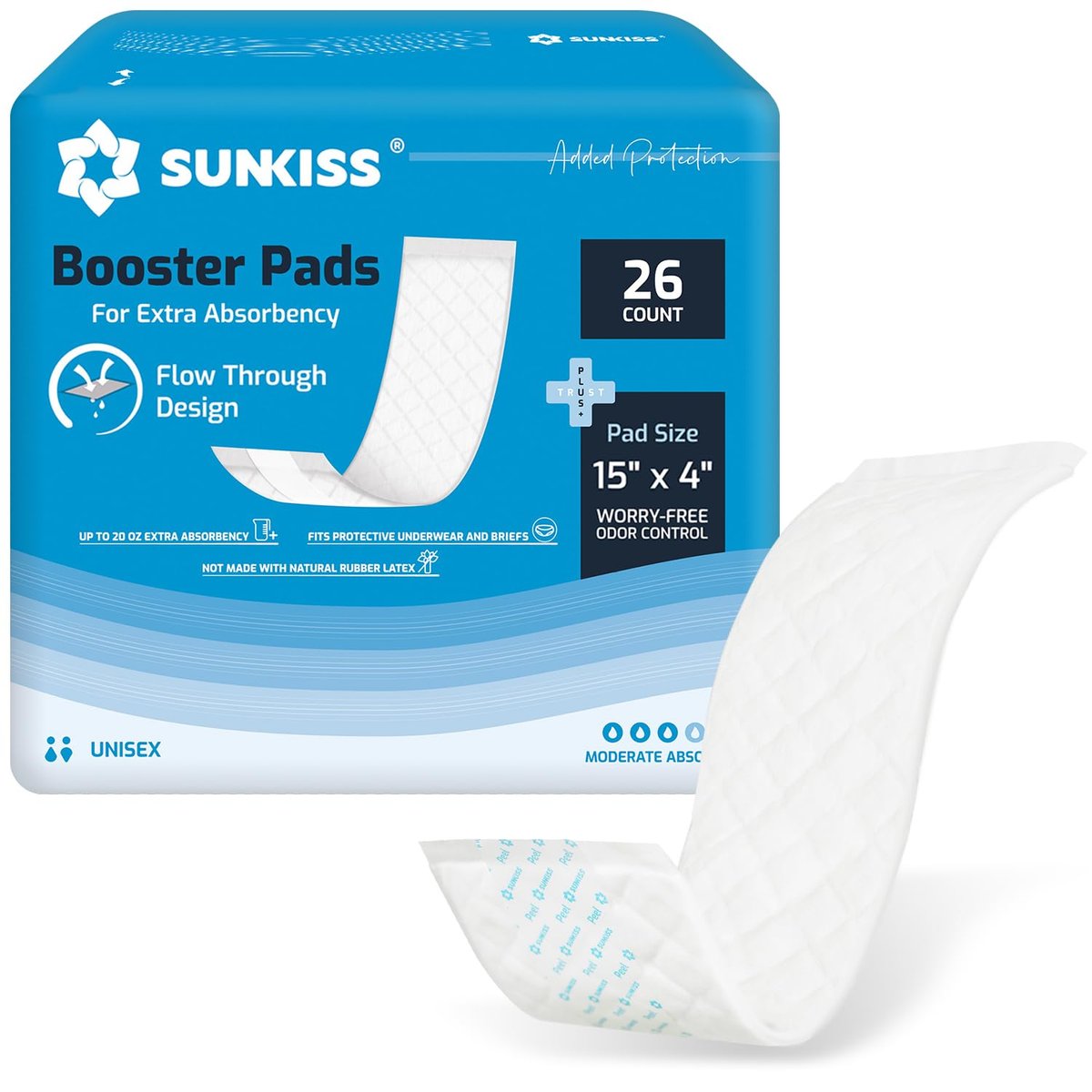 SUNKISS Trustplus Booster Pads 15" x 4" – Extra Saugfähigkeit für Erwachsenen-Inkontinenz, Geruchskontrolle, 26 Stück