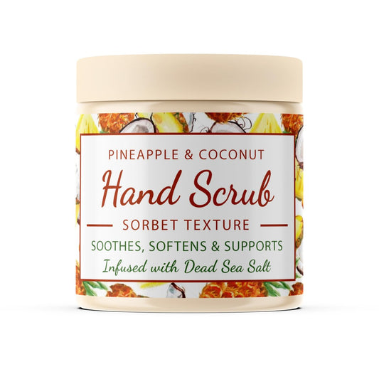CalmGrace Hand Scrub für trockene Hände | Handpeeling mit Totes Meersalz & Ananas-Kokos-Duft | Sorbet-Textur | 300g | Angereichert mit Avocadoöl, Vitamin E & C