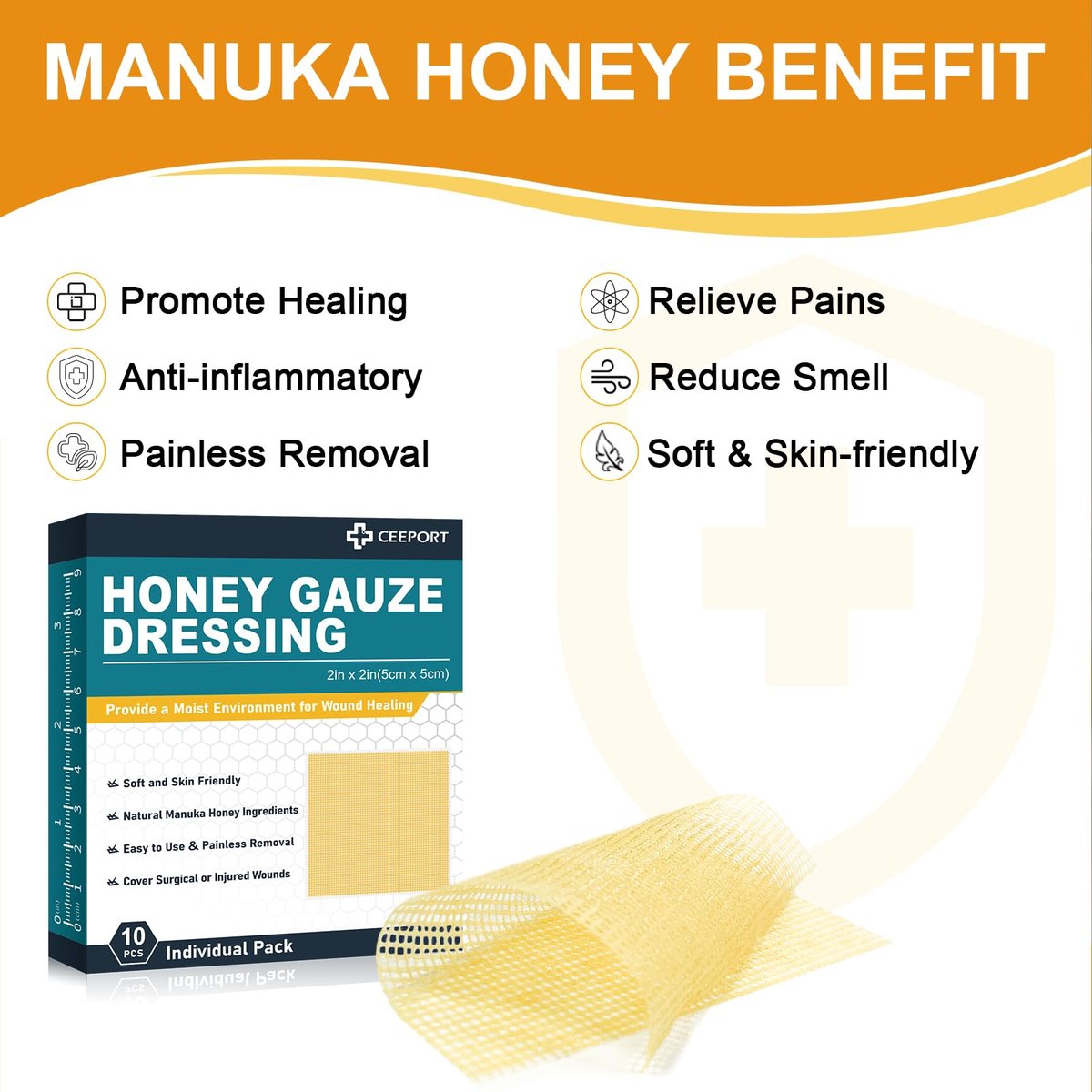 Ceeport Manuka Honig Wundauflage mit Gaze 2" x 2", 10er-Pack Manuka Honig Wundpflegepads, Medizinische Honigverbände für die Wundversorgung, Honigpflaster für schnellere Heilung von Verbrennungen, Schürfwunden, Schnitten und Verbrühungen