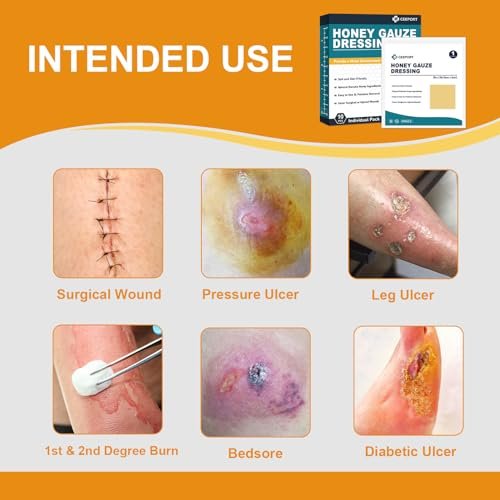 Ceeport Manuka Honig Wundauflage mit Gaze 2" x 2", 10er-Pack Manuka Honig Wundpflegepads, Medizinische Honigverbände für die Wundversorgung, Honigpflaster für schnellere Heilung von Verbrennungen, Schürfwunden, Schnitten und Verbrühungen