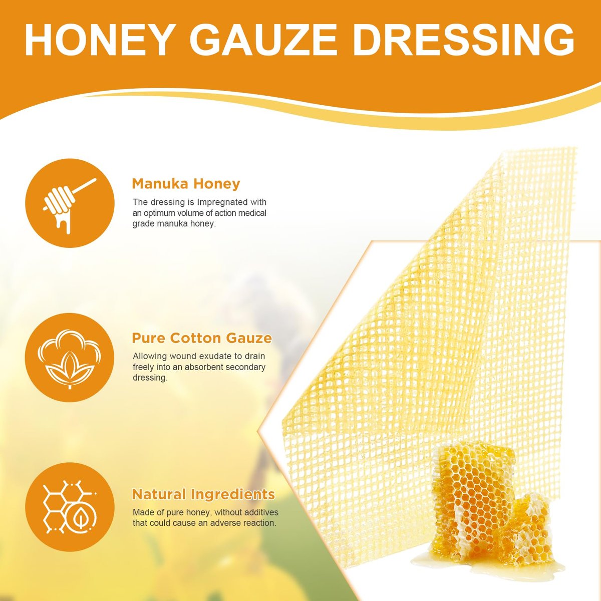 Ceeport Manuka Honig Wundauflage mit Gaze 2" x 2", 10er-Pack Manuka Honig Wundpflegepads, Medizinische Honigverbände für die Wundversorgung, Honigpflaster für schnellere Heilung von Verbrennungen, Schürfwunden, Schnitten und Verbrühungen