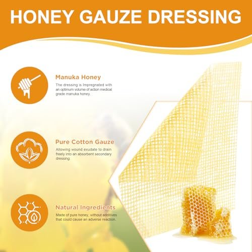 Ceeport Manuka Honig Wundauflage mit Gaze 2" x 2", 10er-Pack Manuka Honig Wundpflegepads, Medizinische Honigverbände für die Wundversorgung, Honigpflaster für schnellere Heilung von Verbrennungen, Schürfwunden, Schnitten und Verbrühungen