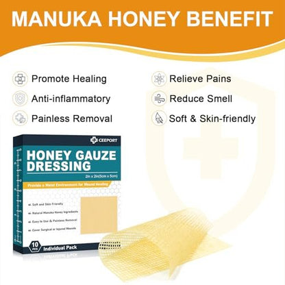 Ceeport Manuka Honig Wundauflage mit Gaze 2" x 2", 10er-Pack Manuka Honig Wundpflegepads, Medizinische Honigverbände für die Wundversorgung, Honigpflaster für schnellere Heilung von Verbrennungen, Schürfwunden, Schnitten und Verbrühungen