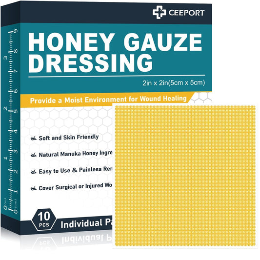 Ceeport Manuka Honig Wundauflage mit Gaze 2" x 2", 10er-Pack Manuka Honig Wundpflegepads, Medizinische Honigverbände für die Wundversorgung, Honigpflaster für schnellere Heilung von Verbrennungen, Schürfwunden, Schnitten und Verbrühungen