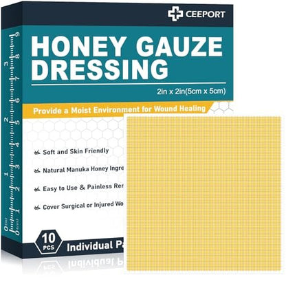 Ceeport Manuka Honig Wundauflage mit Gaze 2" x 2", 10er-Pack Manuka Honig Wundpflegepads, Medizinische Honigverbände für die Wundversorgung, Honigpflaster für schnellere Heilung von Verbrennungen, Schürfwunden, Schnitten und Verbrühungen