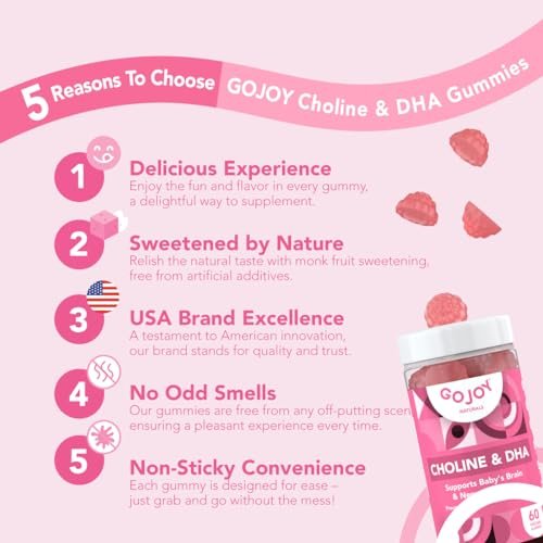 GOJOY NATURALS Pranatale Gummis mit Cholin & DHA – Präkonzeption, Schwangerschaft & Postnatale Vitamine für Frauen – Cholin 250 mg + DHA 150 mg – Vegan, Zuckerfrei, Nicht-GVO