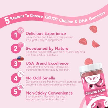GOJOY NATURALS Pranatale Gummis mit Cholin & DHA – Präkonzeption, Schwangerschaft & Postnatale Vitamine für Frauen – Cholin 250 mg + DHA 150 mg – Vegan, Zuckerfrei, Nicht-GVO