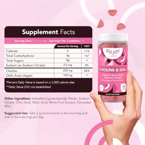 GOJOY NATURALS Pranatale Gummis mit Cholin & DHA – Präkonzeption, Schwangerschaft & Postnatale Vitamine für Frauen – Cholin 250 mg + DHA 150 mg – Vegan, Zuckerfrei, Nicht-GVO