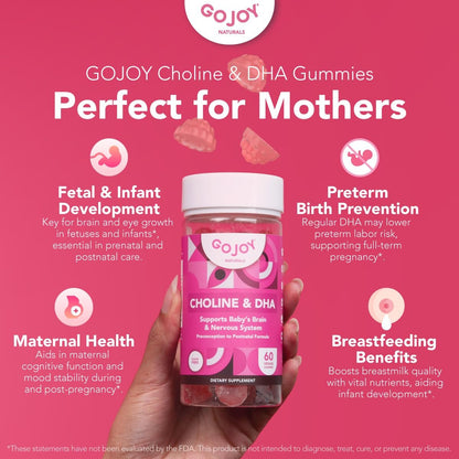 GOJOY NATURALS Pranatale Gummis mit Cholin & DHA – Präkonzeption, Schwangerschaft & Postnatale Vitamine für Frauen – Cholin 250 mg + DHA 150 mg – Vegan, Zuckerfrei, Nicht-GVO