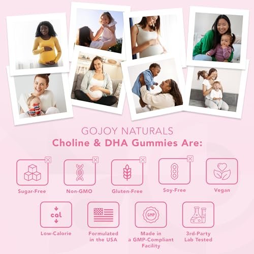 GOJOY NATURALS Pranatale Gummis mit Cholin & DHA – Präkonzeption, Schwangerschaft & Postnatale Vitamine für Frauen – Cholin 250 mg + DHA 150 mg – Vegan, Zuckerfrei, Nicht-GVO