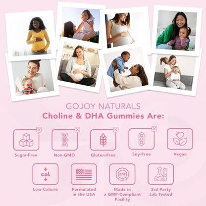 GOJOY NATURALS Pranatale Gummis mit Cholin & DHA – Präkonzeption, Schwangerschaft & Postnatale Vitamine für Frauen – Cholin 250 mg + DHA 150 mg – Vegan, Zuckerfrei, Nicht-GVO