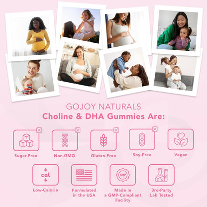 GOJOY NATURALS Pranatale Gummis mit Cholin & DHA – Präkonzeption, Schwangerschaft & Postnatale Vitamine für Frauen – Cholin 250 mg + DHA 150 mg – Vegan, Zuckerfrei, Nicht-GVO