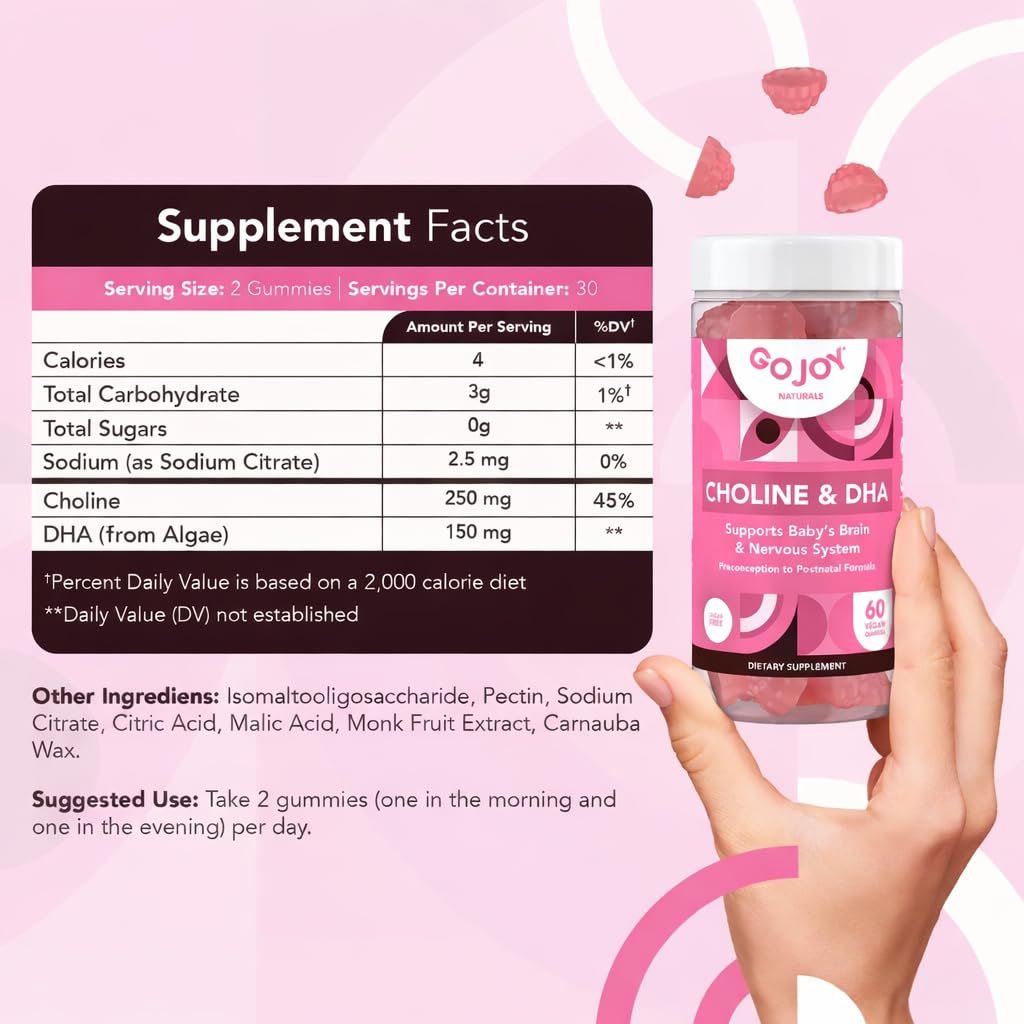 GOJOY NATURALS Pranatale Gummis mit Cholin & DHA – Präkonzeption, Schwangerschaft & Postnatale Vitamine für Frauen – Cholin 250 mg + DHA 150 mg – Vegan, Zuckerfrei, Nicht-GVO