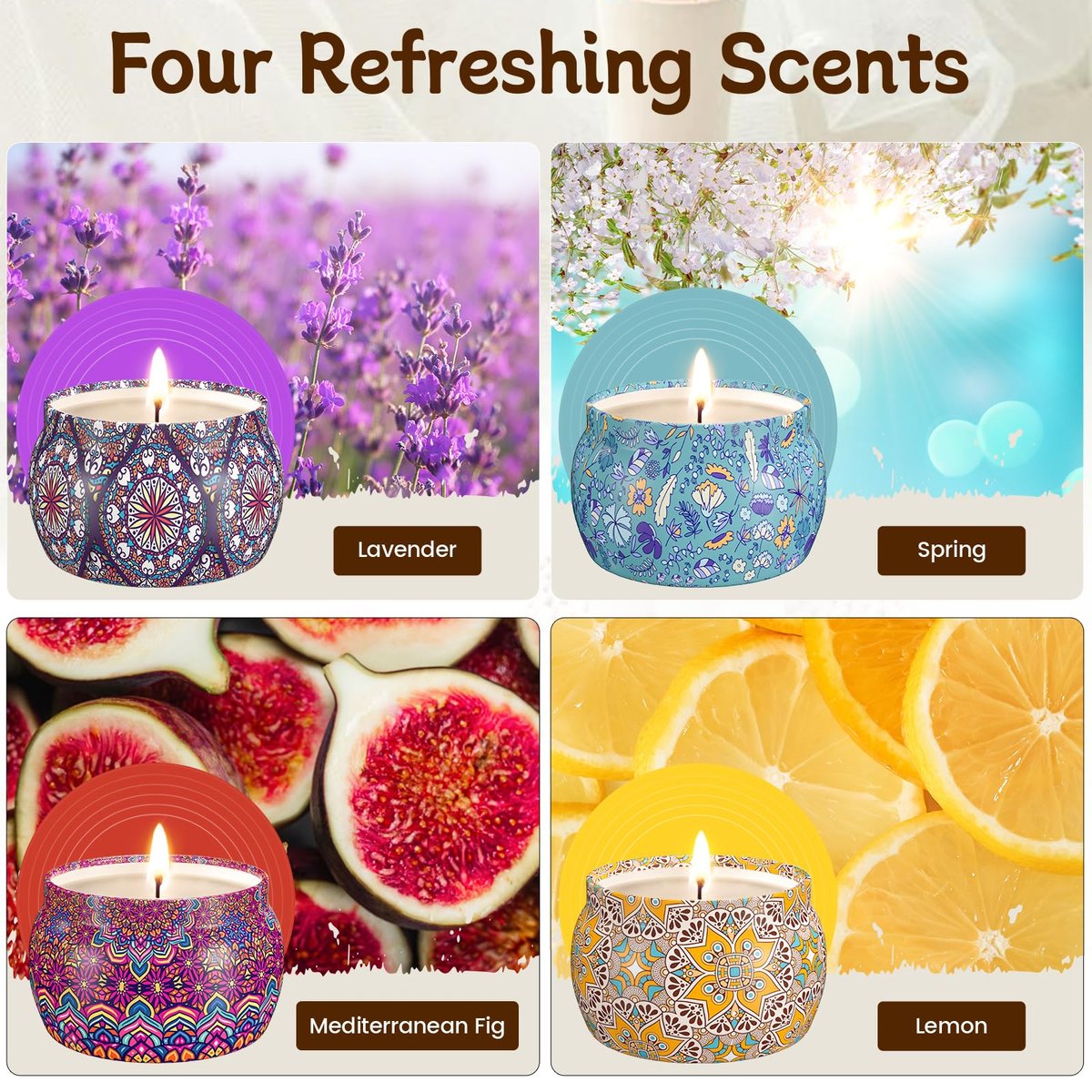 TranquilBliss Duftkerzen-Set, 4er-Pack Sojawachs-Kerzen, 120 Stunden Brenndauer, ideales Geschenk für Frauen, Geburtstagsgeschenke