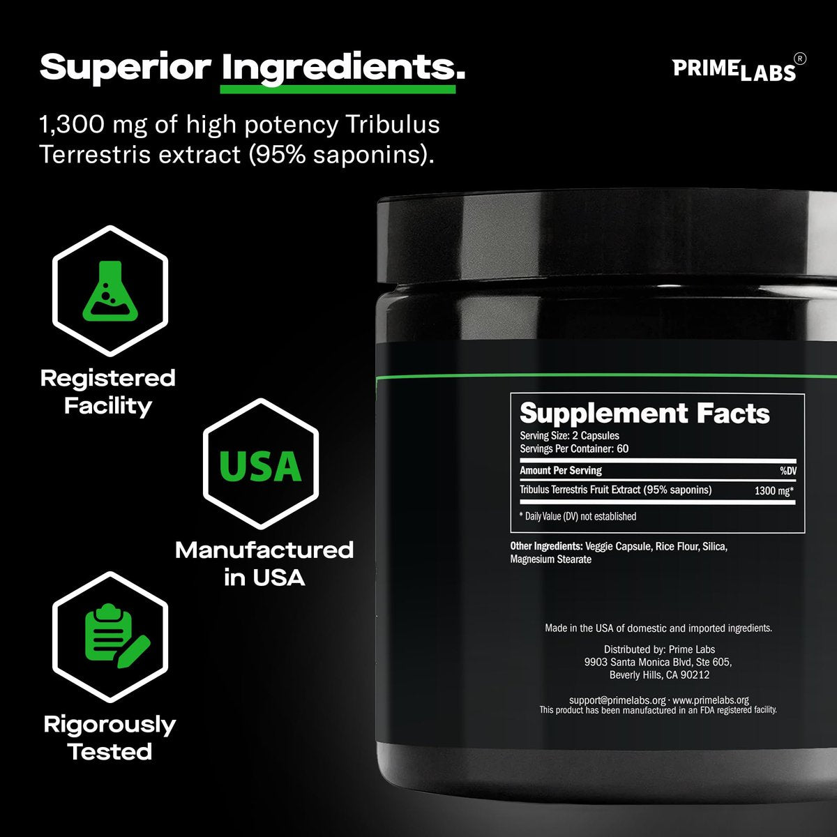 Prime Labs Tribulus Terrestris für Männer 1300 mg - Angereichert mit 95 % Saponinen - Energie, Vitalität, Kraft - 120 Kapseln