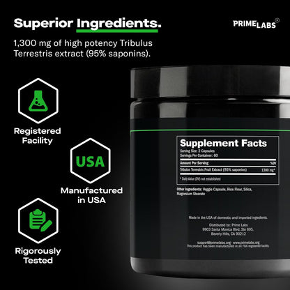 Prime Labs Tribulus Terrestris für Männer 1300 mg - Angereichert mit 95 % Saponinen - Energie, Vitalität, Kraft - 120 Kapseln