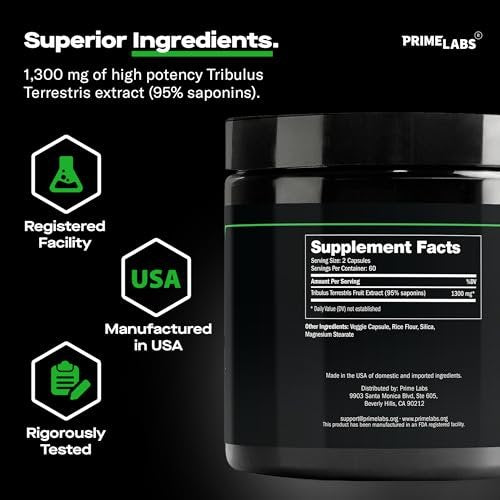 Prime Labs Tribulus Terrestris für Männer 1300 mg - Angereichert mit 95 % Saponinen - Energie, Vitalität, Kraft - 120 Kapseln