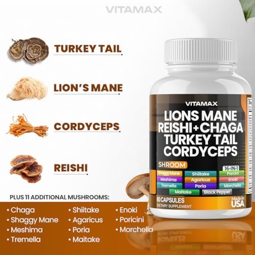 Vitamax Löwenmähne, Truthahnschwanz, Chaga & Reishi, Cordyceps Shiitake, Weiße Ulme, Königstrumpet, Nameko, Austernpilz, Steinpilz – Fokus & Energie – 60 Kapseln (1 Packung), Hergestellt in den USA
