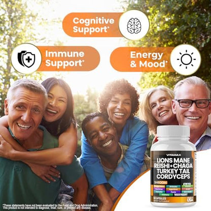 Vitamax Löwenmähne, Truthahnschwanz, Chaga & Reishi, Cordyceps Shiitake, Weiße Ulme, Königstrumpet, Nameko, Austernpilz, Steinpilz – Fokus & Energie – 60 Kapseln (1 Packung), Hergestellt in den USA