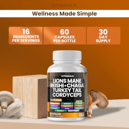 Vitamax Löwenmähne, Truthahnschwanz, Chaga & Reishi, Cordyceps Shiitake, Weiße Ulme, Königstrumpet, Nameko, Austernpilz, Steinpilz – Fokus & Energie – 60 Kapseln (1 Packung), Hergestellt in den USA