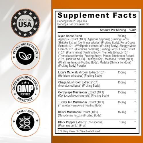 Vitamax Löwenmähne, Truthahnschwanz, Chaga & Reishi, Cordyceps Shiitake, Weiße Ulme, Königstrumpet, Nameko, Austernpilz, Steinpilz – Fokus & Energie – 60 Kapseln (1 Packung), Hergestellt in den USA