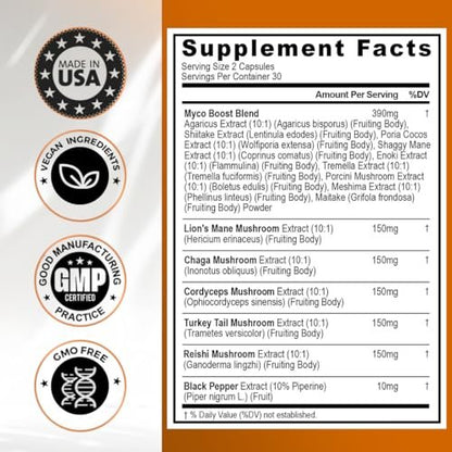 Vitamax Löwenmähne, Truthahnschwanz, Chaga & Reishi, Cordyceps Shiitake, Weiße Ulme, Königstrumpet, Nameko, Austernpilz, Steinpilz – Fokus & Energie – 60 Kapseln (1 Packung), Hergestellt in den USA
