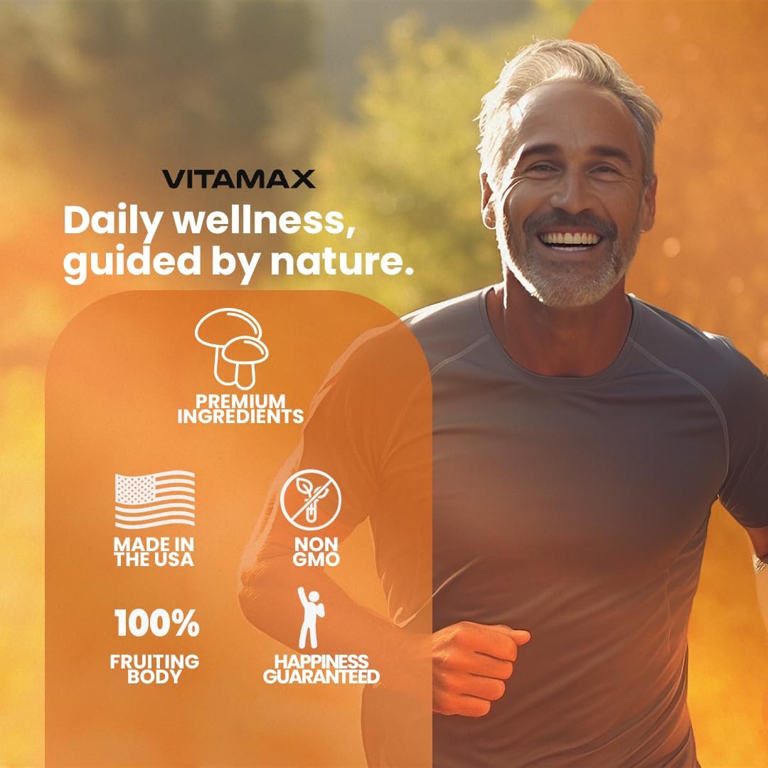 Vitamax Löwenmähne, Truthahnschwanz, Chaga & Reishi, Cordyceps Shiitake, Weiße Ulme, Königstrumpet, Nameko, Austernpilz, Steinpilz – Fokus & Energie – 60 Kapseln (1 Packung), Hergestellt in den USA