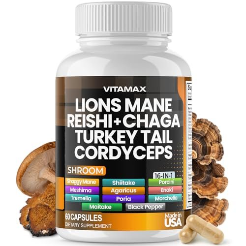Vitamax Löwenmähne, Truthahnschwanz, Chaga & Reishi, Cordyceps Shiitake, Weiße Ulme, Königstrumpet, Nameko, Austernpilz, Steinpilz – Fokus & Energie – 60 Kapseln (1 Packung), Hergestellt in den USA